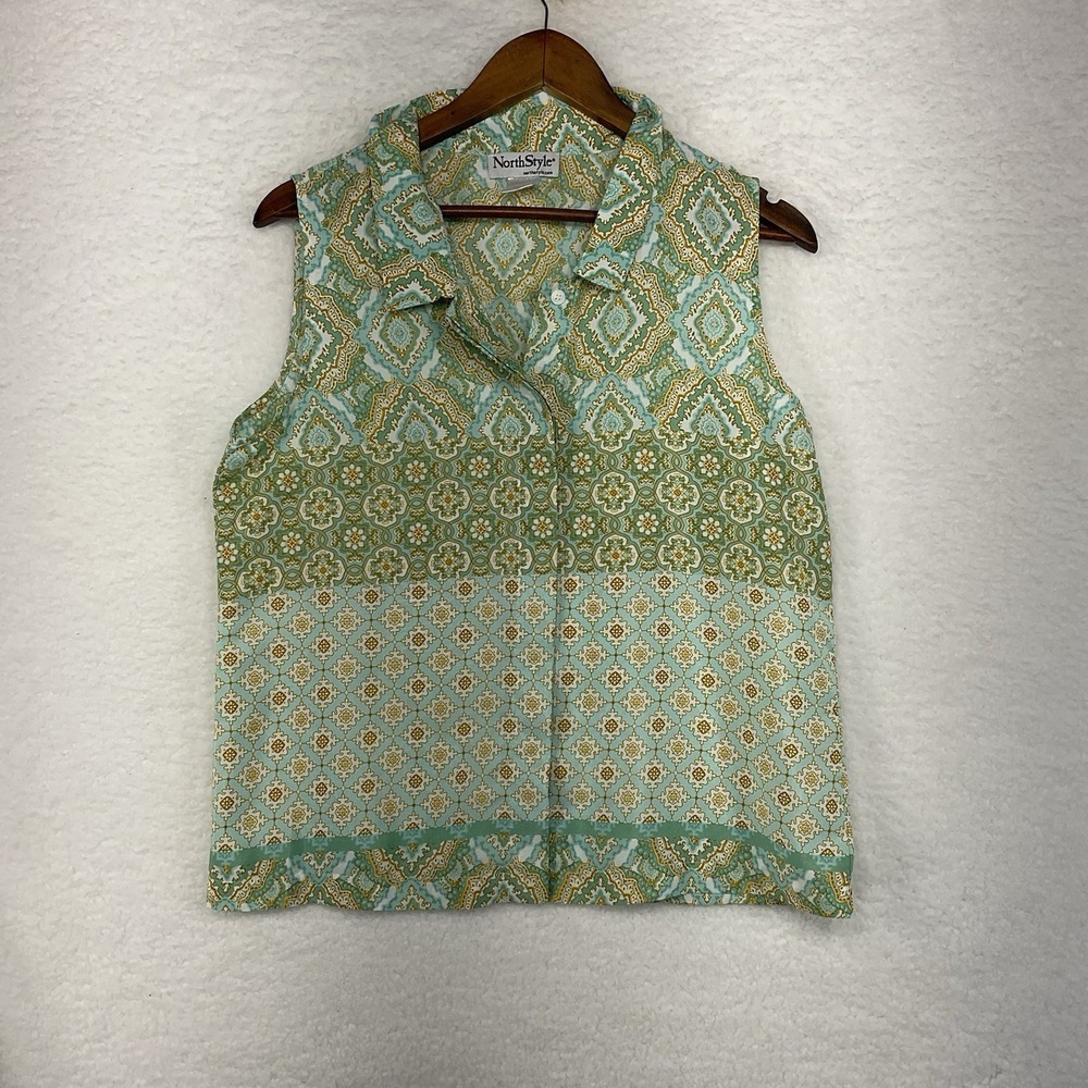 Northstyle Green‎ Floral Geometric Flowy Layered Sleeveless Top Flyaway Size M